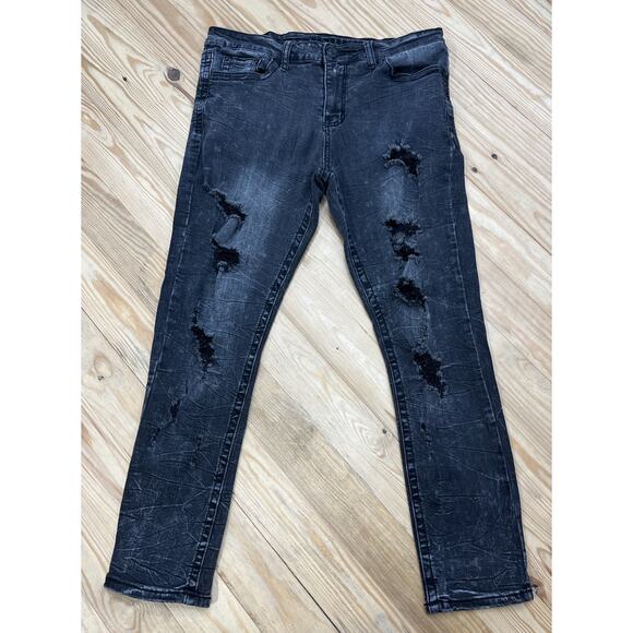 Rue 21 Premium Skinny supreme flex 34x30 Jeans Mens Denim Black Rock Distressed - Picture 1 of 7